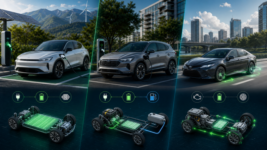 Comparación visual entre vehículos eléctricos, híbridos enchufables e híbridos convencionales